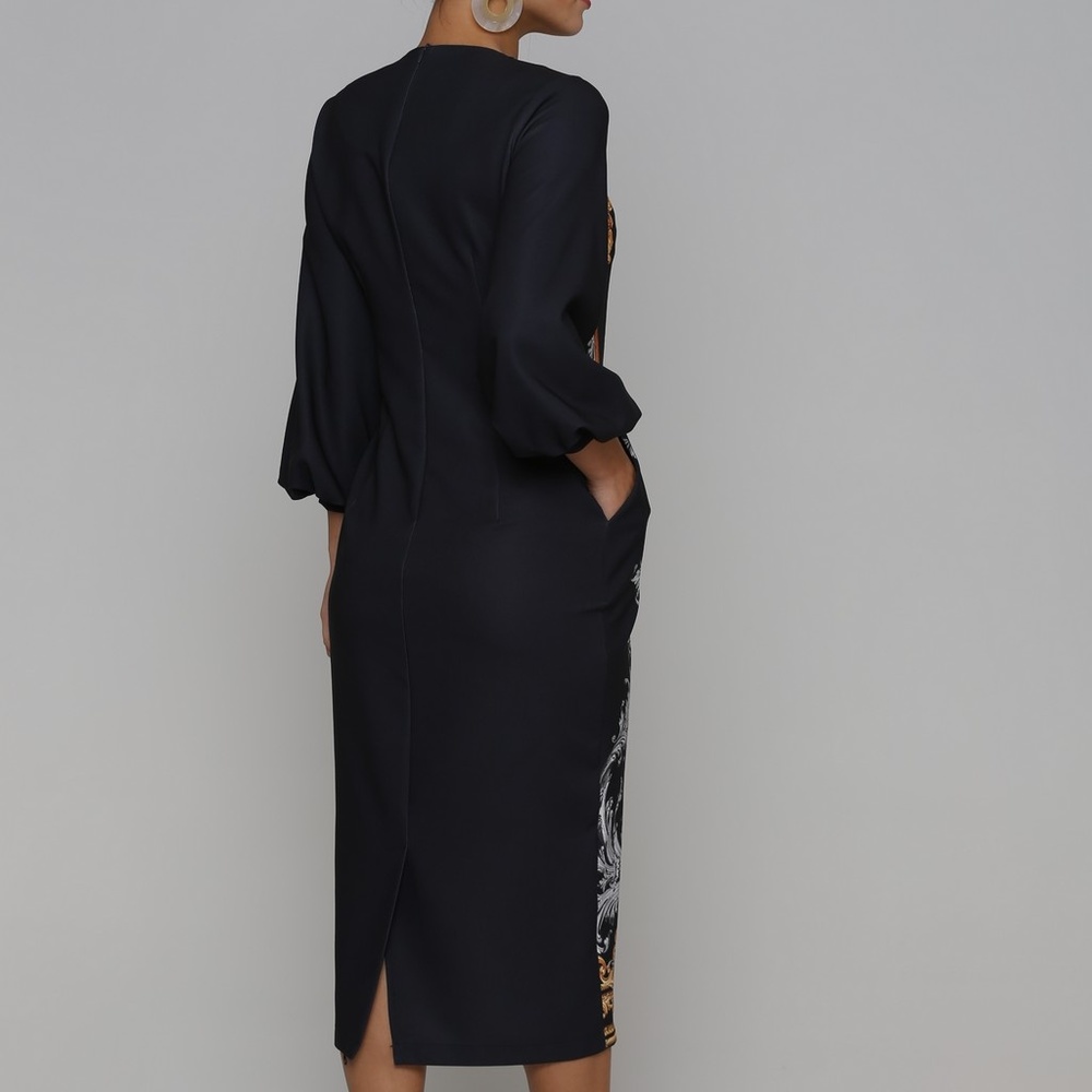 Navy Designer Print style 3/4 Sleeve Midi Dress - Picture 2 of 4